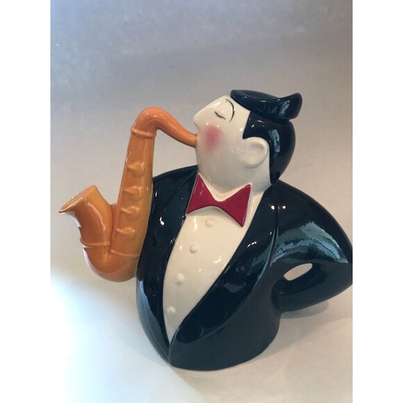 Vintage Clay Art Jazz Series 1990 Saxophone Player Teapot Tuxedo Yellow Sax - Picture 1 of 10